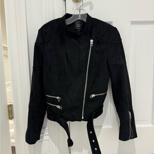 Zara TRF Black Faux Suede Moto Jacket Zip Belted Size Small